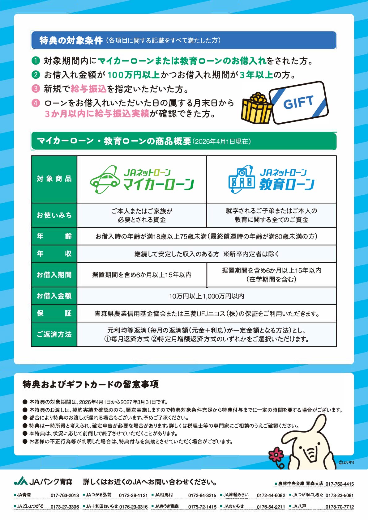 JAバンク青森 マイカー/教育ローンお借入特典2026実施中！2026年4月1日（水）～2027年3月31日（水）